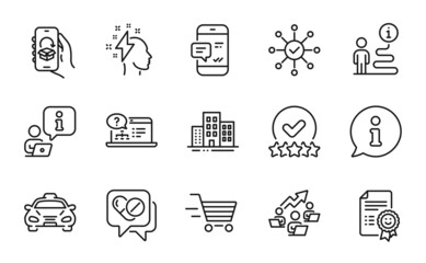Business icons set. Included icon as Smartphone notification, Survey check, Medical drugs signs. Online help, Rating stars, Teamwork chart symbols. Brainstorming, Delivery shopping, Smile. Vector