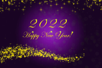 Happy New Year 2022. Sparkling burning numbers Year 2022 with stars and bokeh on blue background.