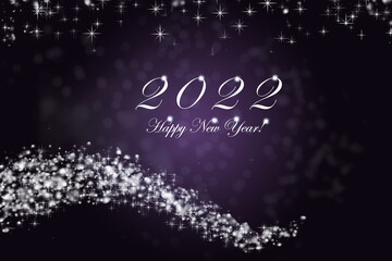 Happy New Year 2022. Sparkling burning numbers Year 2022 with stars and bokeh on blue background.