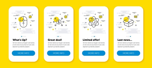 Vector set of Atom core, Swipe up and Dollar exchange line icons set. UI phone app screens with line icons. Send box icon. Nuclear power, Scrolling page, Payment. Delivery package. Vector