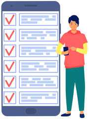 Month scheduling, to do list, time management app. Man stands near to do plan on smartphone. Plan fulfilled, task completed, timetable on phone screen. Check list planning, schedule concept