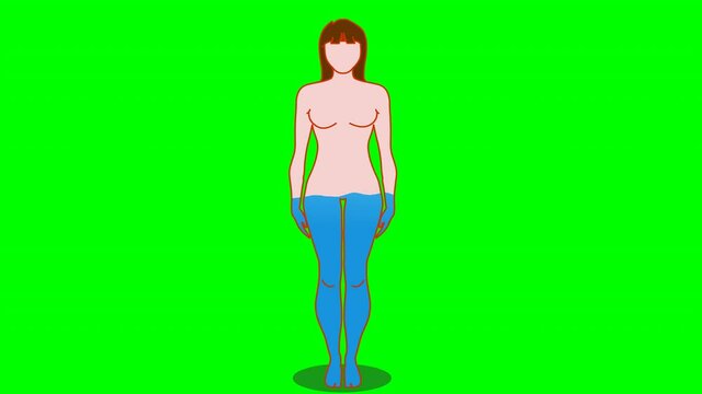 Animation of 2d illustration female body filled with water. Proportion H2O. Woman silhouette, filling with gradual 100 % blue liquid ratio. Skin color, blue figure. Green screen background. 