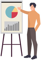 Man points to flipchart with diagram. Presentation board with statistical data. Business report showroom with poster and lecturer. Businessman demonstrates results of statistical research on board