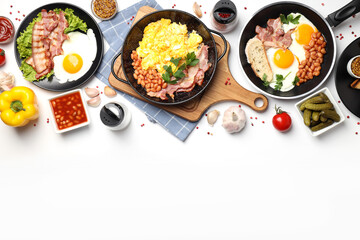 Concept of tasty breakfast on white background
