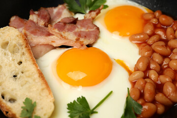 Tasty breakfast on whole background, close up