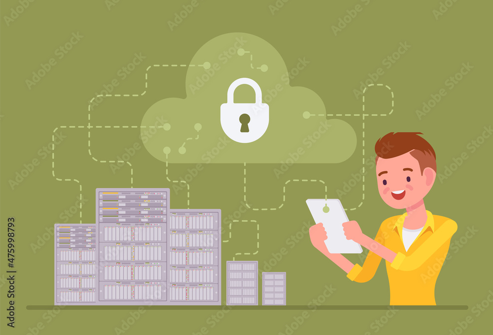 Wall mural data center server, cloud security, man maintaining computer database system. information storage, s