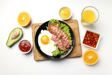 Concept of tasty breakfast on white background