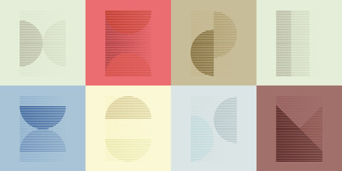 Art composition with lines,circles squares, rectangles .Modern art design .Black Vector stripes .Transition speed lines .Bauhaus style .Geometric shape. Wall art .