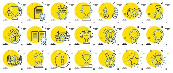 Award line icons. Set of Winner medal, Victory cup and Laurel wreath award icons. Reward, Certificate and Diploma message. Glory shield, Prize winner, rank star, diploma certificate. Vector