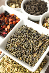 Concept of cooking tea with different types of tea, close up