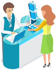 Man distributes flyers near presentation stand. Leafleting, advertising campaign. Distributor advertises exhibition, presentation. Male promoter giving leaflet flier with advertisement to woman