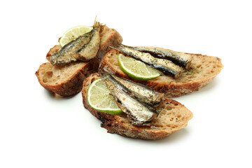 Sandwiches with sprats isolated on white background