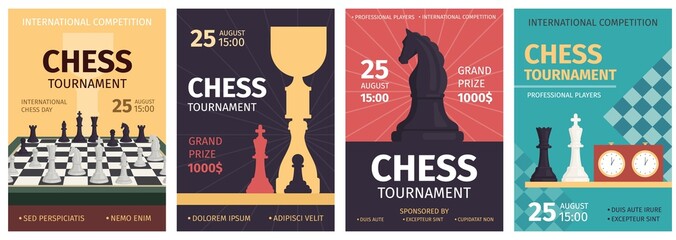 Chess tournament posters with game board and piece silhouettes. Strategy sport competition banners. Chess club match invitation vector set - obrazy, fototapety, plakaty
