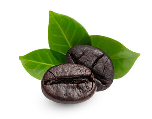 Coffee beans roasted with leaves isolated on white background.