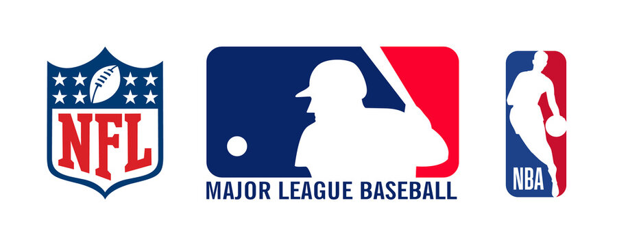 Realistic vector logo and emblems of the National Football League, Major League Baseball, National Basketball Association