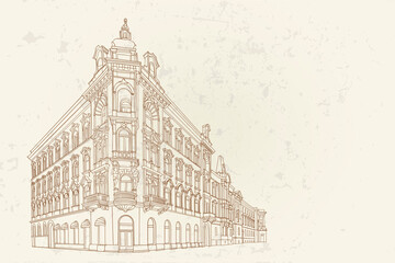 Obraz premium Hand drawn ink line sketch of street scene in Zagreb, Croatia.