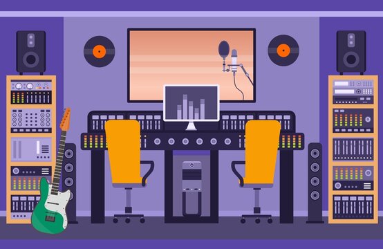 Music Recording Studio Room With Loudspeakers, Guitar And Control Panels. Radio Booth For Singer And Bands. Song Audio Record Vector Concept