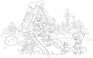Merry little children playing on a toy slide on a snow-covered playground in a winter park of a pretty small town on a beautiful snowy day, black and white vector cartoon for a coloring book