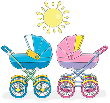 Newborn twins sleeping in their colorful baby carriages on a walk on a sunny day, vector cartoon illustration isolated on a white background