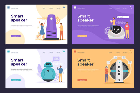 Electronic smart speakers with virtual assistant web page. People control devices with voice commands. Interactive ai device vector landings