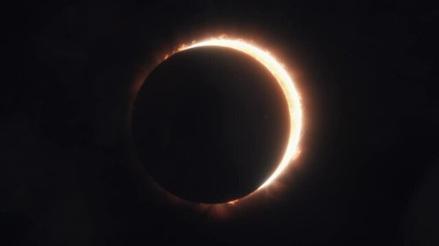 A Slow motion of the moon covering the heating golden sun, eclipse process on a black background