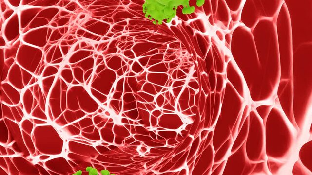 Gr&uuml;ner Virus fliegt durch Zellgewebe im K&ouml;rper