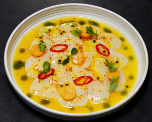 passion fruit marinated scallop ceviche peruvian, latin american traditional seafood dish