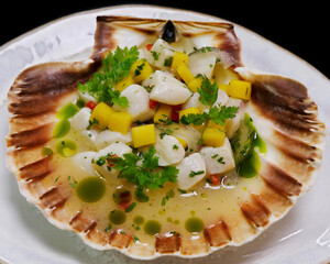 truffle marinated scallop ceviche peruvian, latin american traditional seafood dish