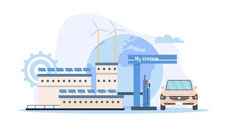 Fototapeta premium Flat hydrogen fuel factory, gas station and car. Ecologic renewable energy generation by PEM water electrolysis. Hydrogen vector concept