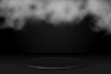Black podium on a dark background. Empty cylinder pedestal for product demonstration surrounded by smoke or fog, stage with platform vector mockup.