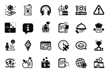 Fototapeta premium Vector Set of Business icons related to Seo devices, Hold document and Warning icons. Web timer, Fast food and Best chef signs. Winner podium, Puzzle and Restaurant food. Friendship, Globe. Vector