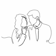 Continuous one simple single line drawing of lovely happy couple valentines day icon in silhouette on a white background. Linear stylized.