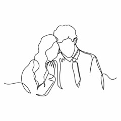 Continuous one simple single line drawing of lovely couple valentines day icon in silhouette on a white background. Linear stylized.