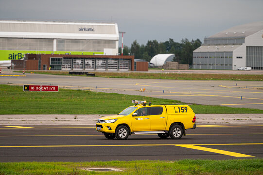 Yellow Airport Aviation Bird Control Car At Riga International Airport (RIX)