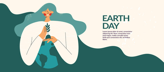 Mother Earth planet Day or protect globe environment nature. Environmental protection. Saving the planet, female character protect our earth. Go green concept. Flat vector cartoon illustration