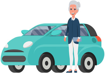 Senior woman in cardigan and with clutch. Elderly female character with gray hair stands next to her personal transport. Pensioner, retired lady with handbag in her hand near small car for women