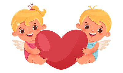 Lovely love cupids. Angel boy and girl are holding a big red heart.Two cute little kids. Romantic vector characters.