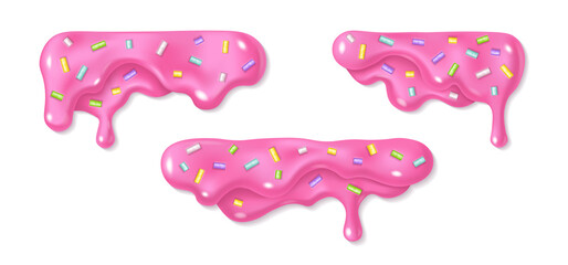 Melted pink doughnut icing with sprinkles drop set. Realistic 3d horizontal leaking syrup dripping collection isolated on white background. Edge decoration
