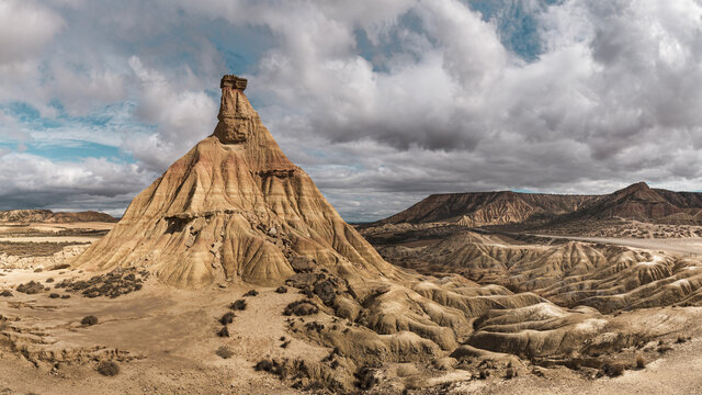 Castil de Tierra Mountain against a cloudy sky in Banderas Reales, Navarre in Spain