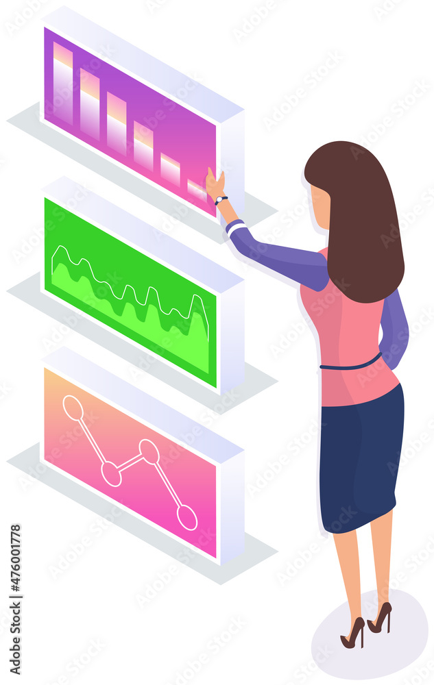 Poster visualize with business analytics. people work with statistical data analysis, changing indicators. 
