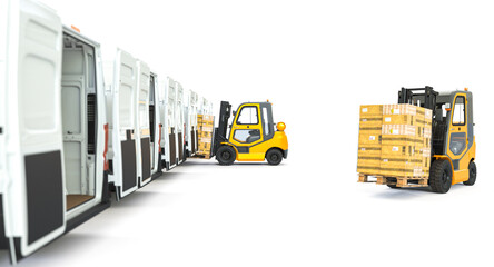 yellow forklifts loading pallets on van.