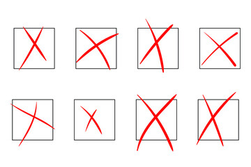 Check mark. Hand drawn check mark and cross. Empty filled boxes for answers in test, voting, confirmation, negation icons. Checklist signs template. Vector illustration isolated on white.