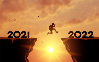 Welcome Merry Christmas in 2022. A young man jump between 2021 and 2022 years over the sun and through on the gap of hill silhouette evening colorful sky. Happy new year. Vector illustration. - obrazy, fototapety, plakaty