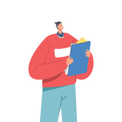 Adult Man Office Worker or Business Character Wearing Casual Clothes Holding Clip Board in Hand, Businessman, Consultant