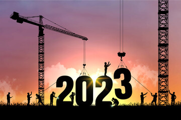 Black vector silhouette of construction worker with crane and sky for preparation of welcome 2023 New Year party and change new business. Businessman engineer looking 2023 blueprint in a building site