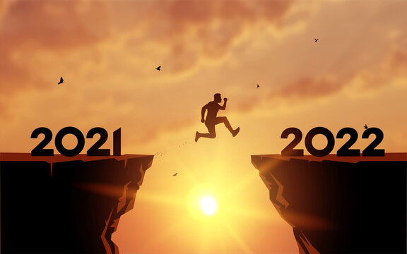 Welcome Merry Christmas in 2022. A young man jump between 2021 and 2022 years over the sun and through on the gap of hill silhouette evening colorful sky. Happy new year. Vector illustration.