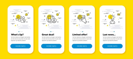 Vector set of International recruitment, Teamwork and Clapping hands line icons set. UI phone app screens with line icons. Education icon. World business, Remote work, Clap. Human idea. Vector