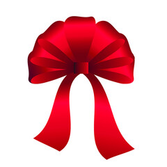 Lush scarlet bow made of satin ribbon. Vector illustration, realistic design, isolated on white background, eps 10.