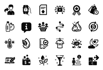 Vector Set of Business icons related to Thermometer, Upload file and Refresh bitcoin icons. Organic product, Dry t-shirt and Puzzle signs. Plants watering, Fitness water and Teamwork. Vector