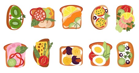 Fresh sandwiches top view. Toast bread, tasty lunch or breakfast. Healthy vegetables and fruits toasts, cheese avocado and sausage slices, decent vector set
